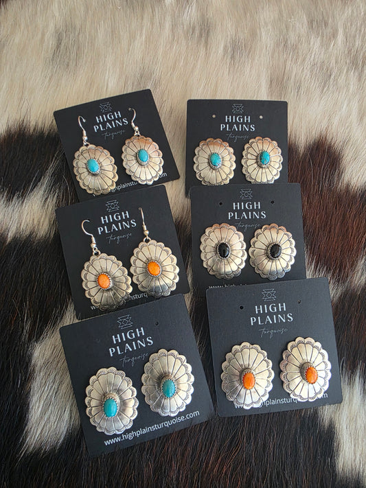 Hand Stamped Sterling Silver Stone Concho Earrings