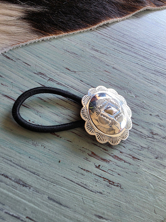 Large Stamped Sterling Silver Concho Hair Tie