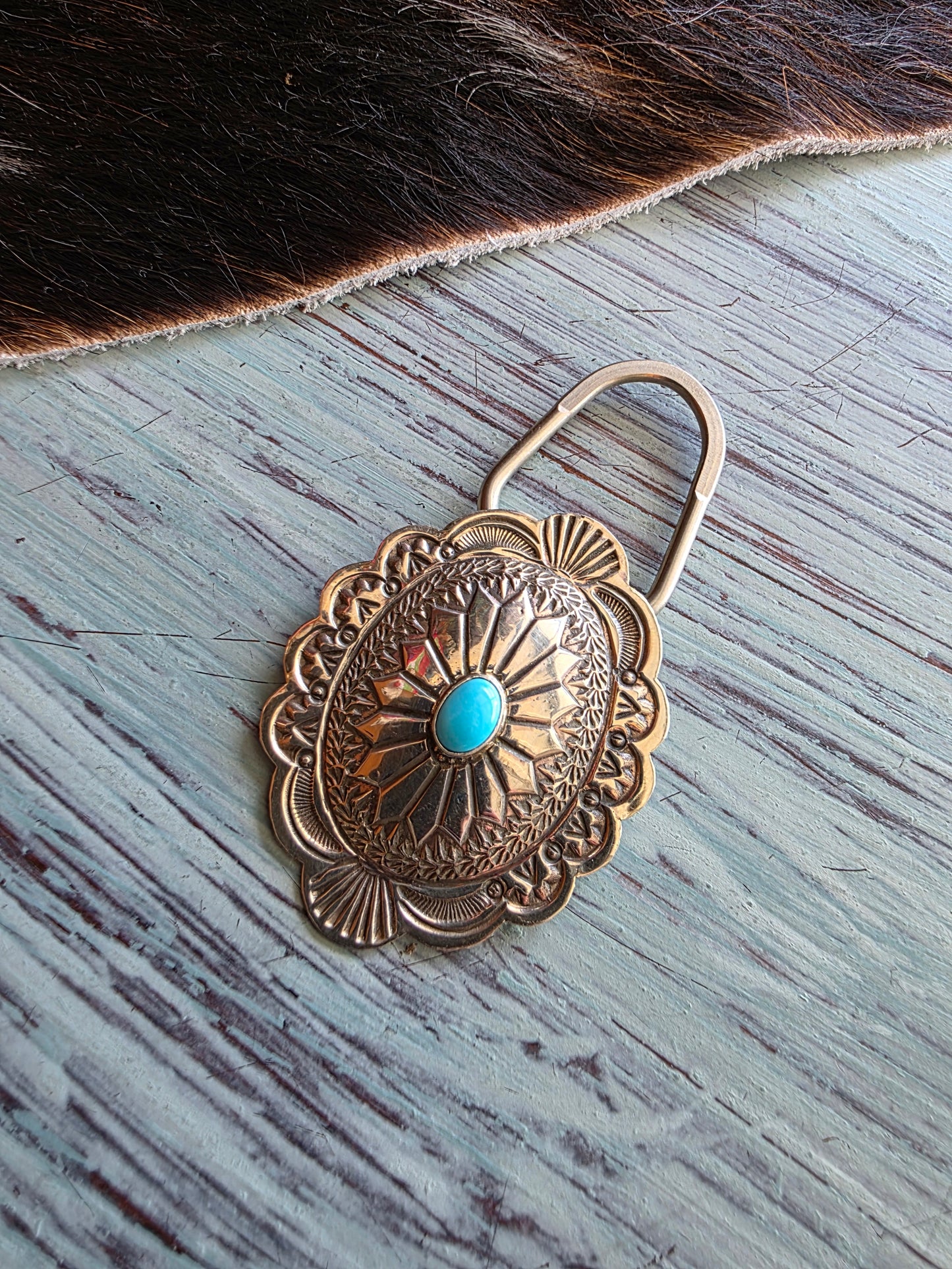 Stamped Sterling Silver Turquoise Concho Keychain