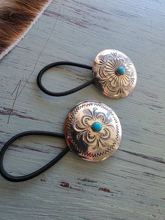 Large Round Stamped Sterling Turquoise Hair Tie