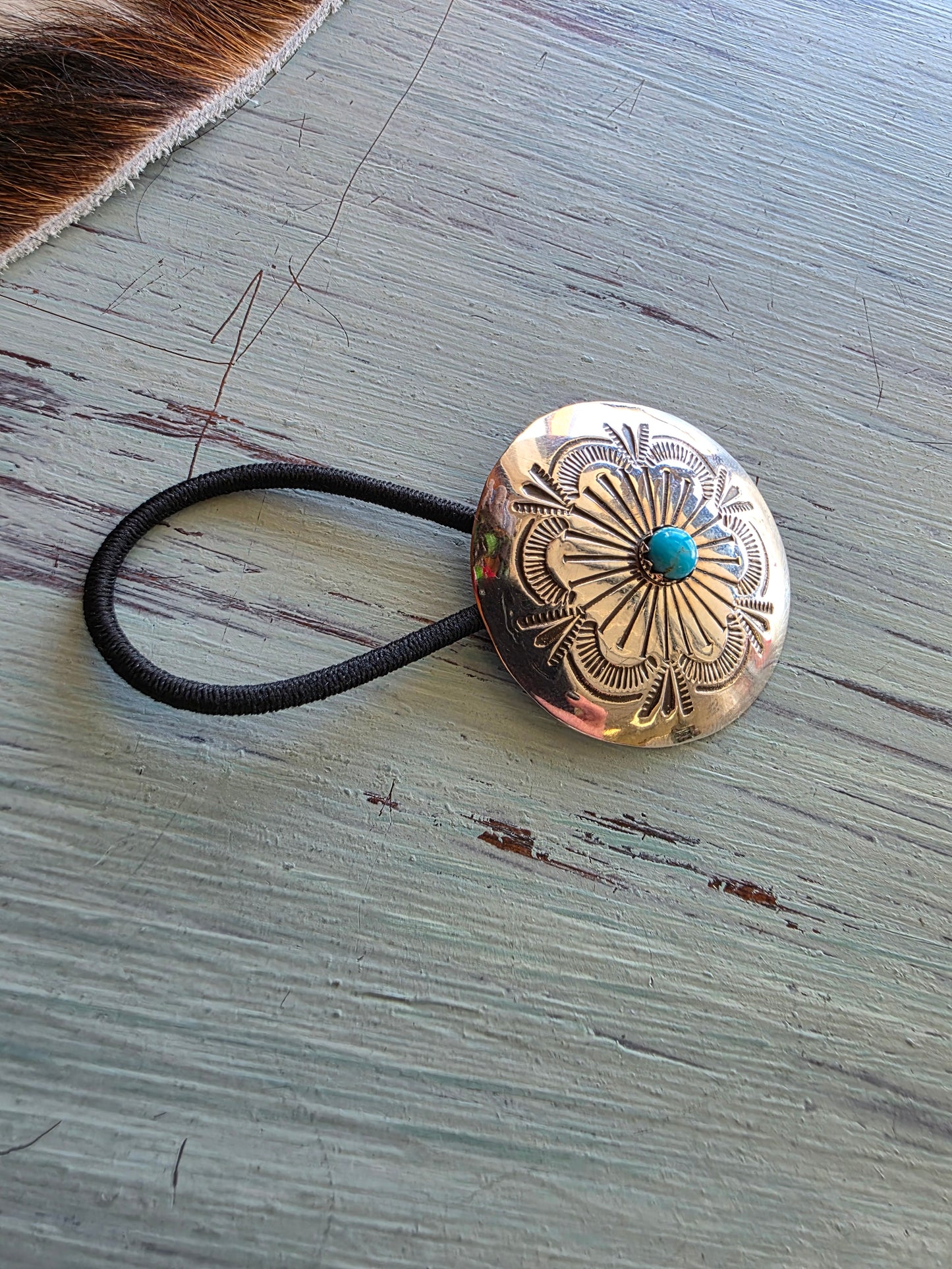 Large Round Stamped Sterling Turquoise Hair Tie