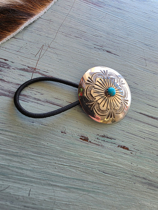 Large Round Stamped Sterling Turquoise Hair Tie