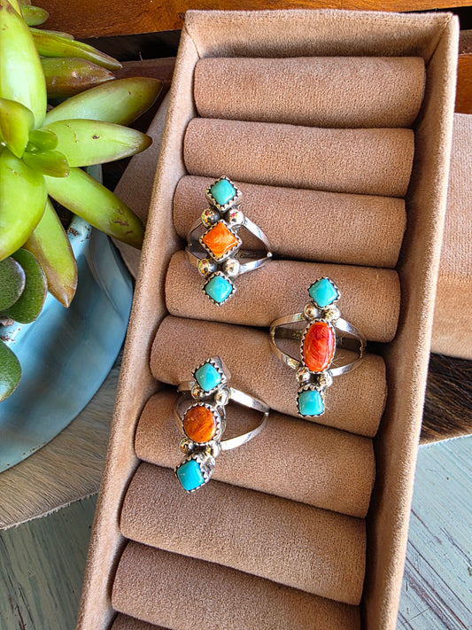 3 Stone Geo Turquoise Spiny Ring