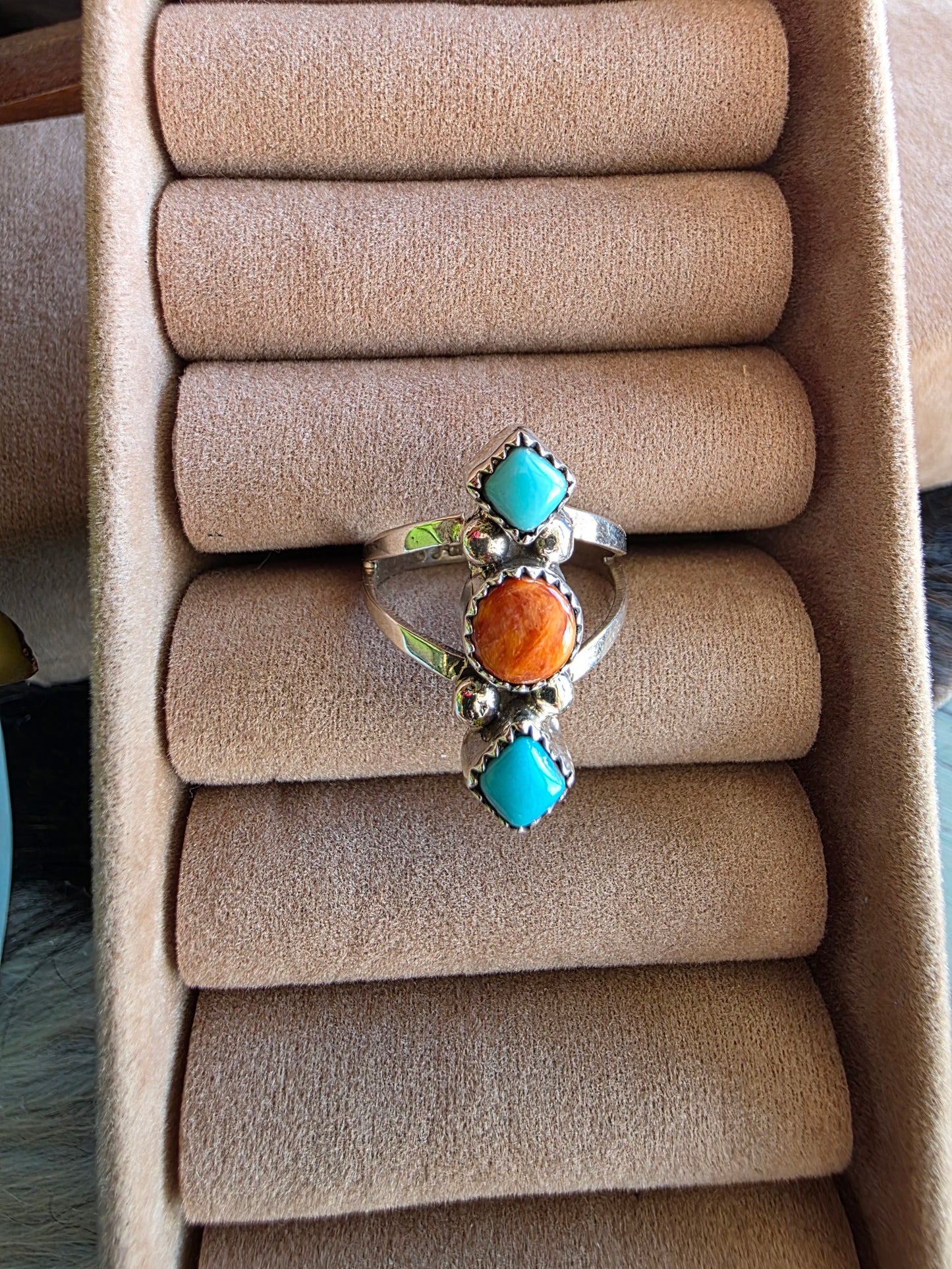 3 Stone Geo Turquoise Spiny Ring