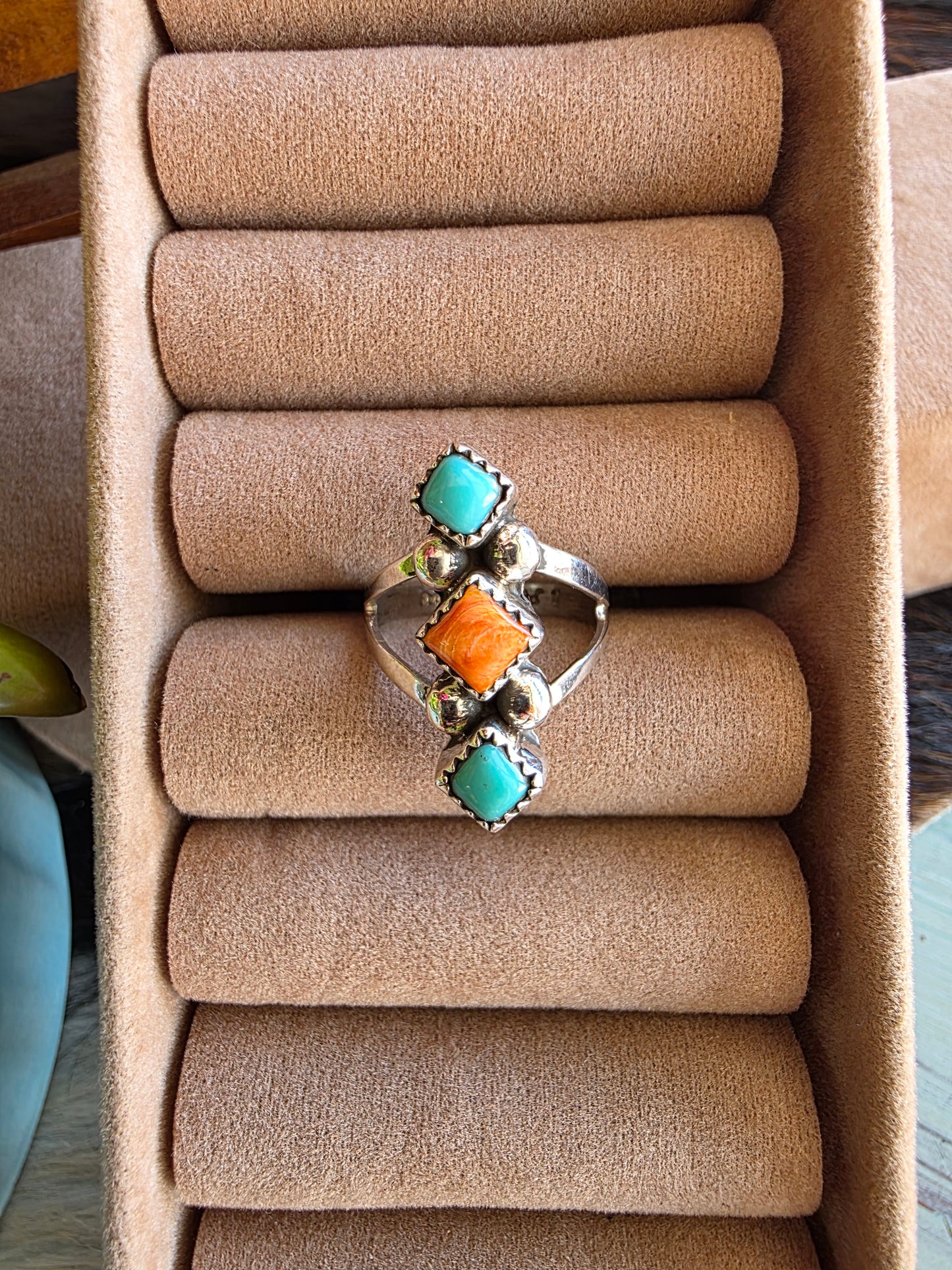 3 Stone Geo Turquoise Spiny Ring