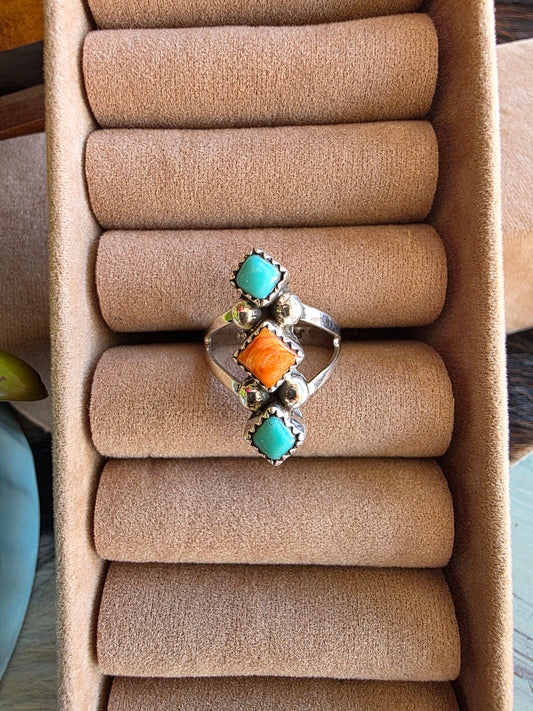 3 Stone Geo Turquoise Spiny Ring