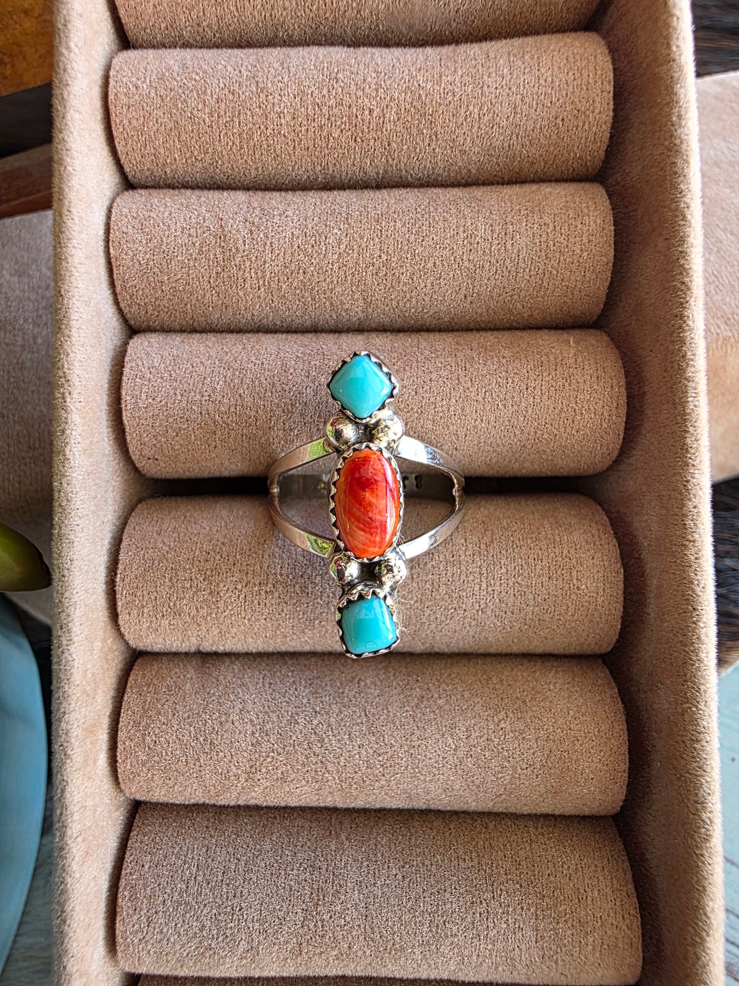 3 Stone Geo Turquoise Spiny Ring