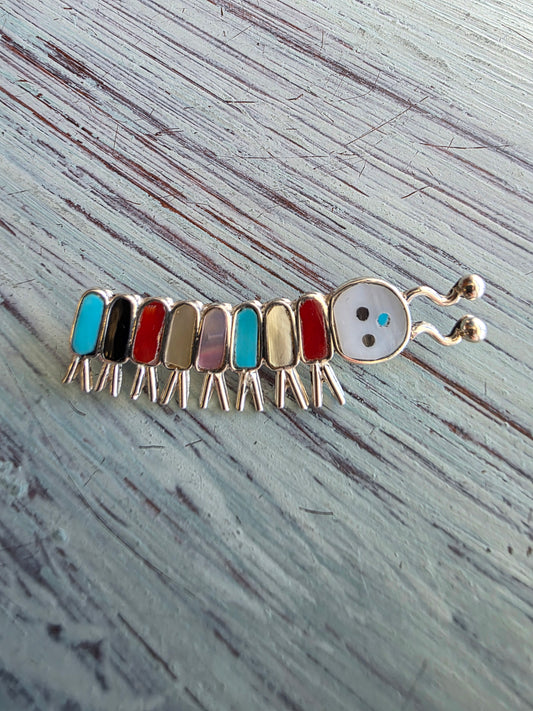Zuni Sterling Silver Inlay Caterpillar Pin