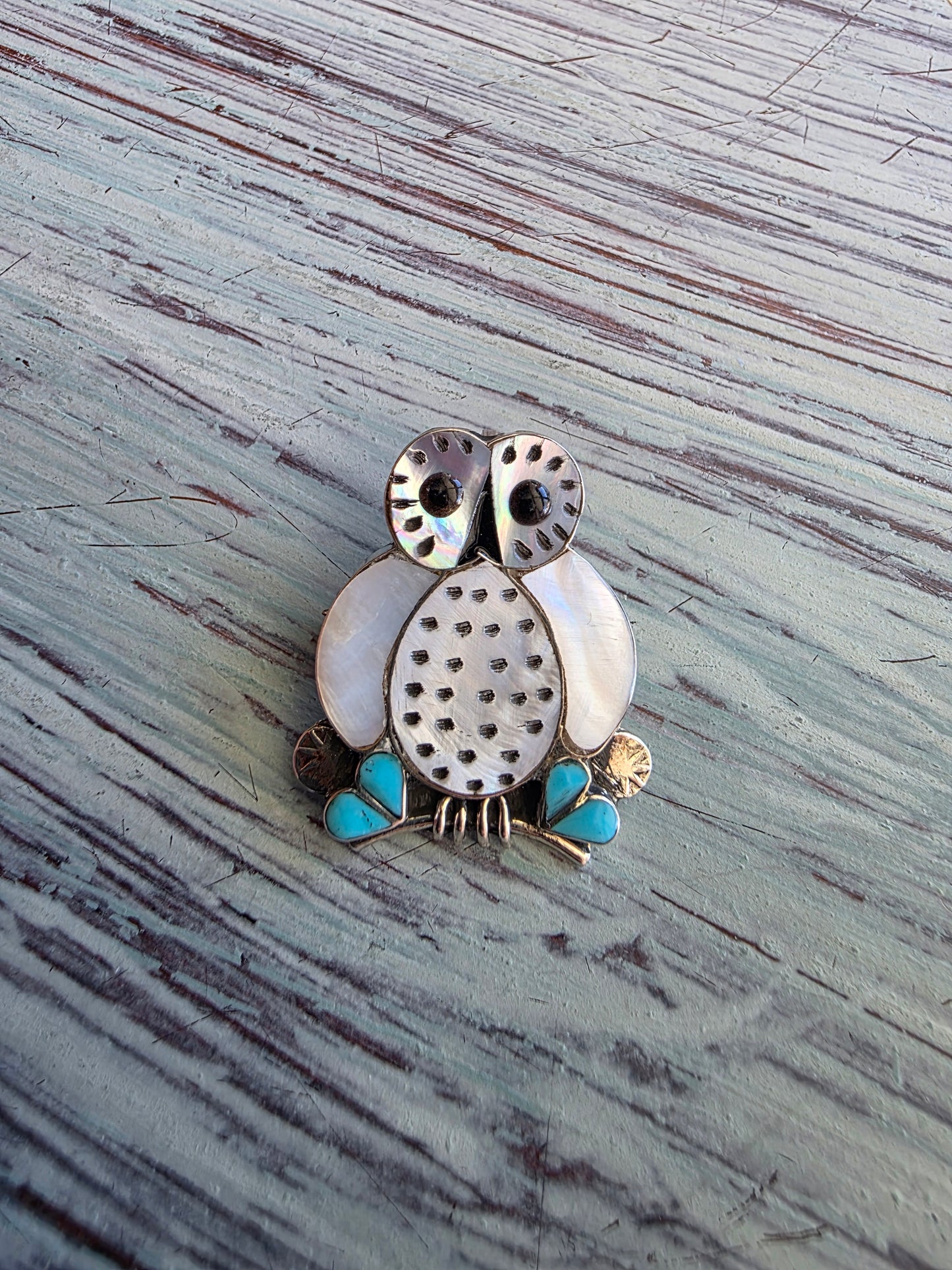 Zuni Mother of Pearl Turquoise Owl Pin/Pendant Necklace