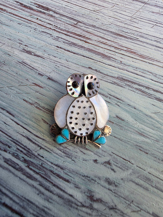 Zuni Mother of Pearl Turquoise Owl Pin/Pendant Necklace