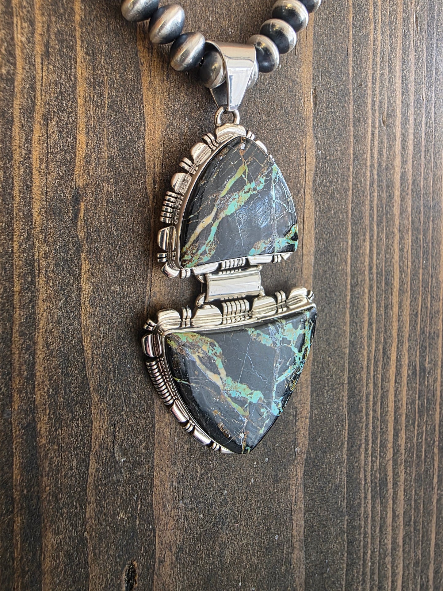 Larry M Yazzie Blackjack Turquoise Divide Pendant
