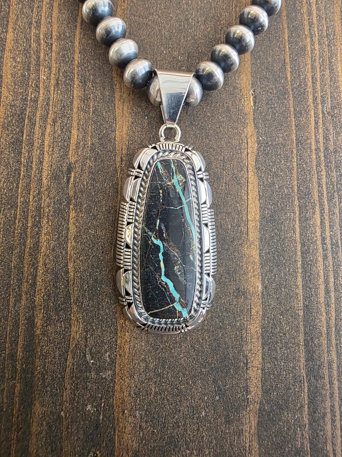 Larry M Yazzie Elongated Rectangle Blackjack Turquoise Pendant