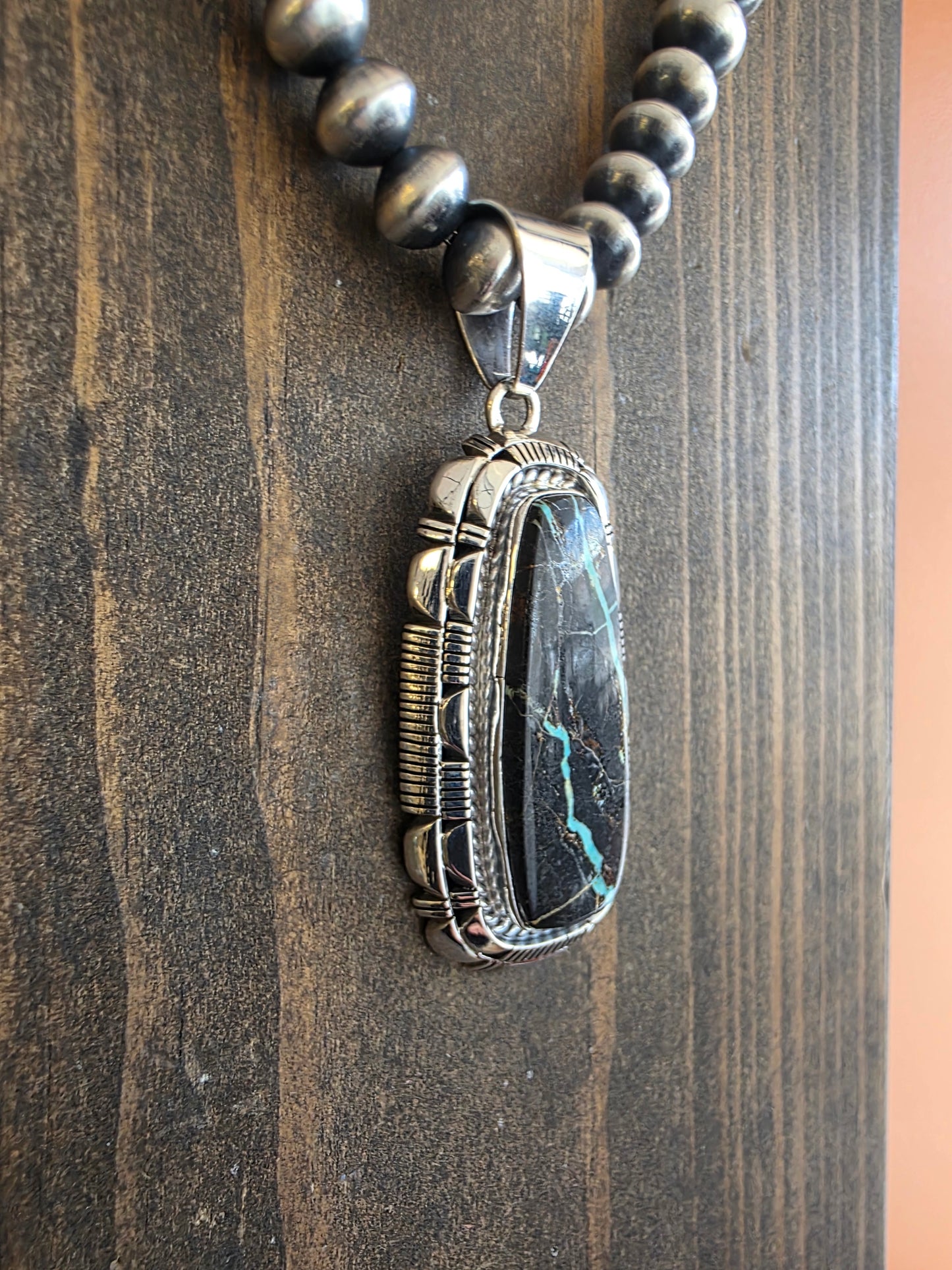 Larry M Yazzie Elongated Rectangle Blackjack Turquoise Pendant