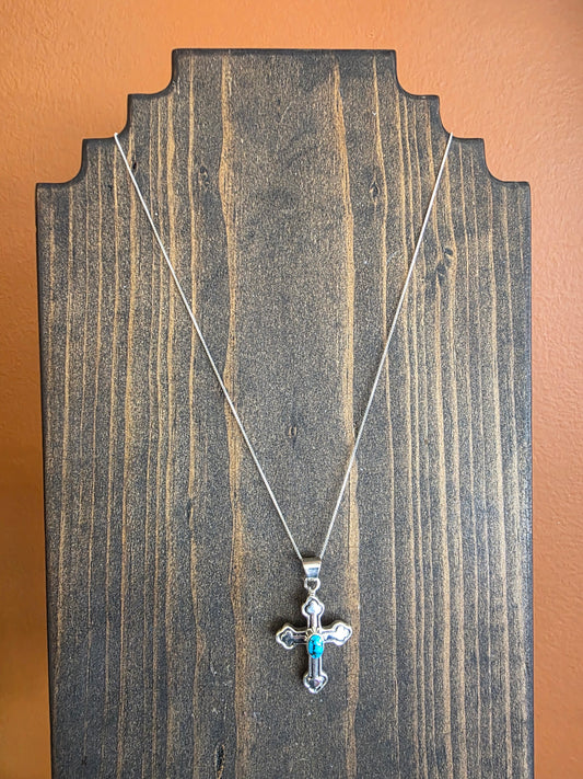 Heavy Gauge Sterling Turquoise Cross Pendant Necklace