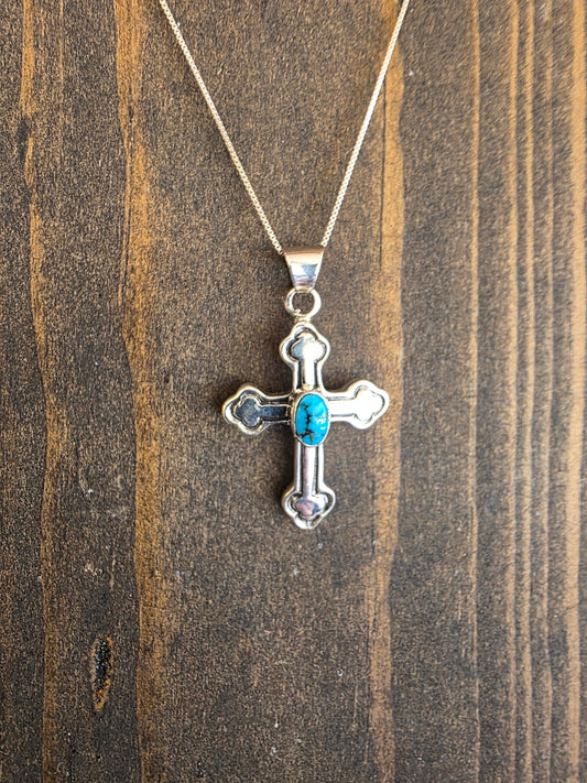 Heavy Gauge Sterling Turquoise Cross Pendant Necklace