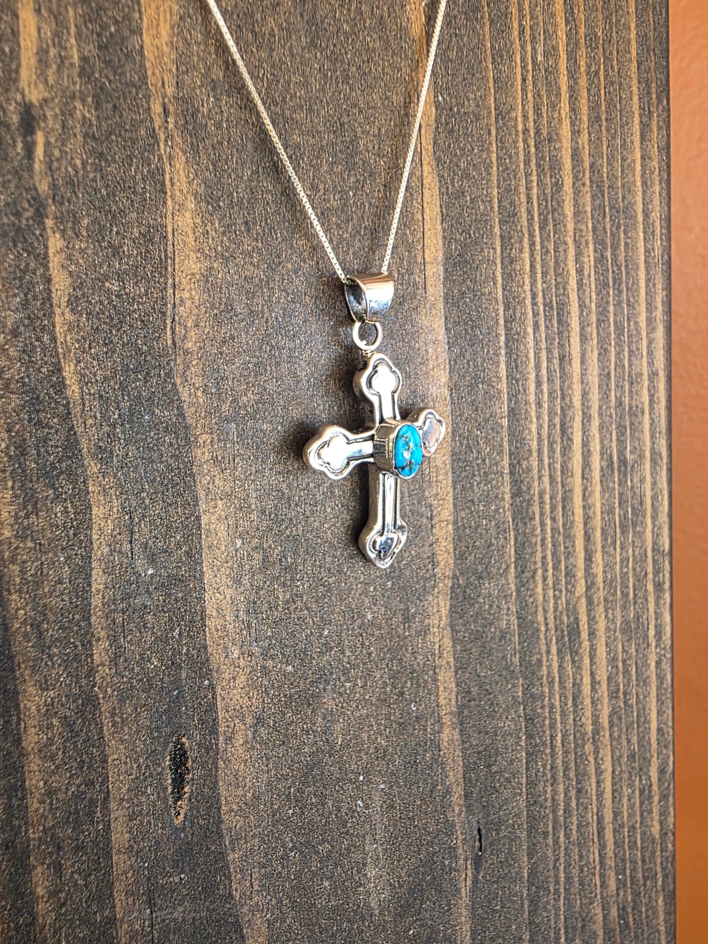 Heavy Gauge Sterling Turquoise Cross Pendant Necklace