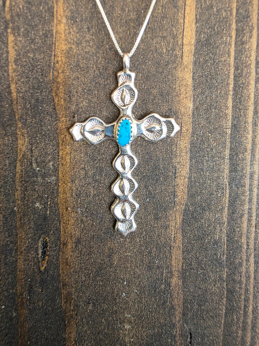 Navajo Stamped Sterling Silver Kingman Cross Pendant Necklace