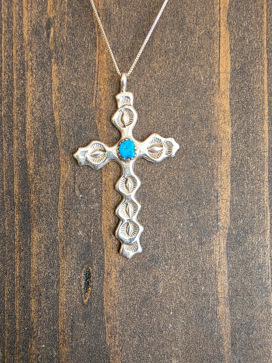 Navajo Stamped Sterling Silver Kingman Cross Pendant Necklace