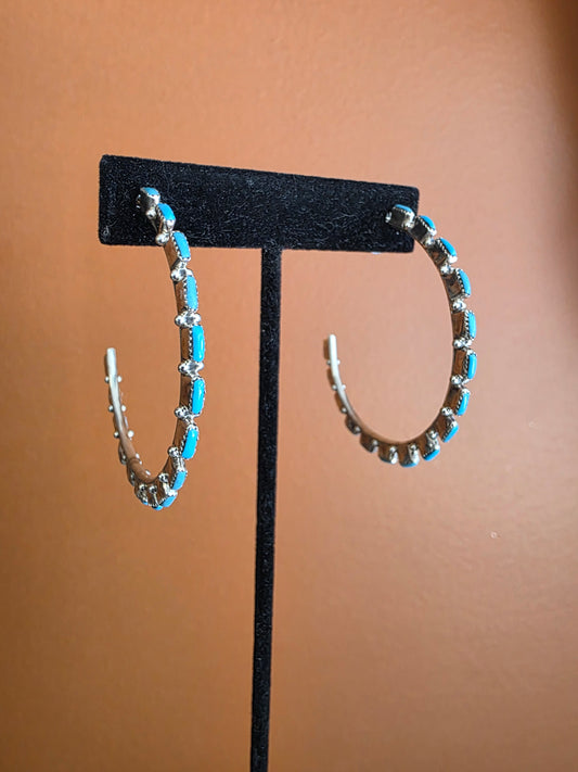 Zuni Sleeping Beauty Turquoise Needlepoint Hoop Earrings