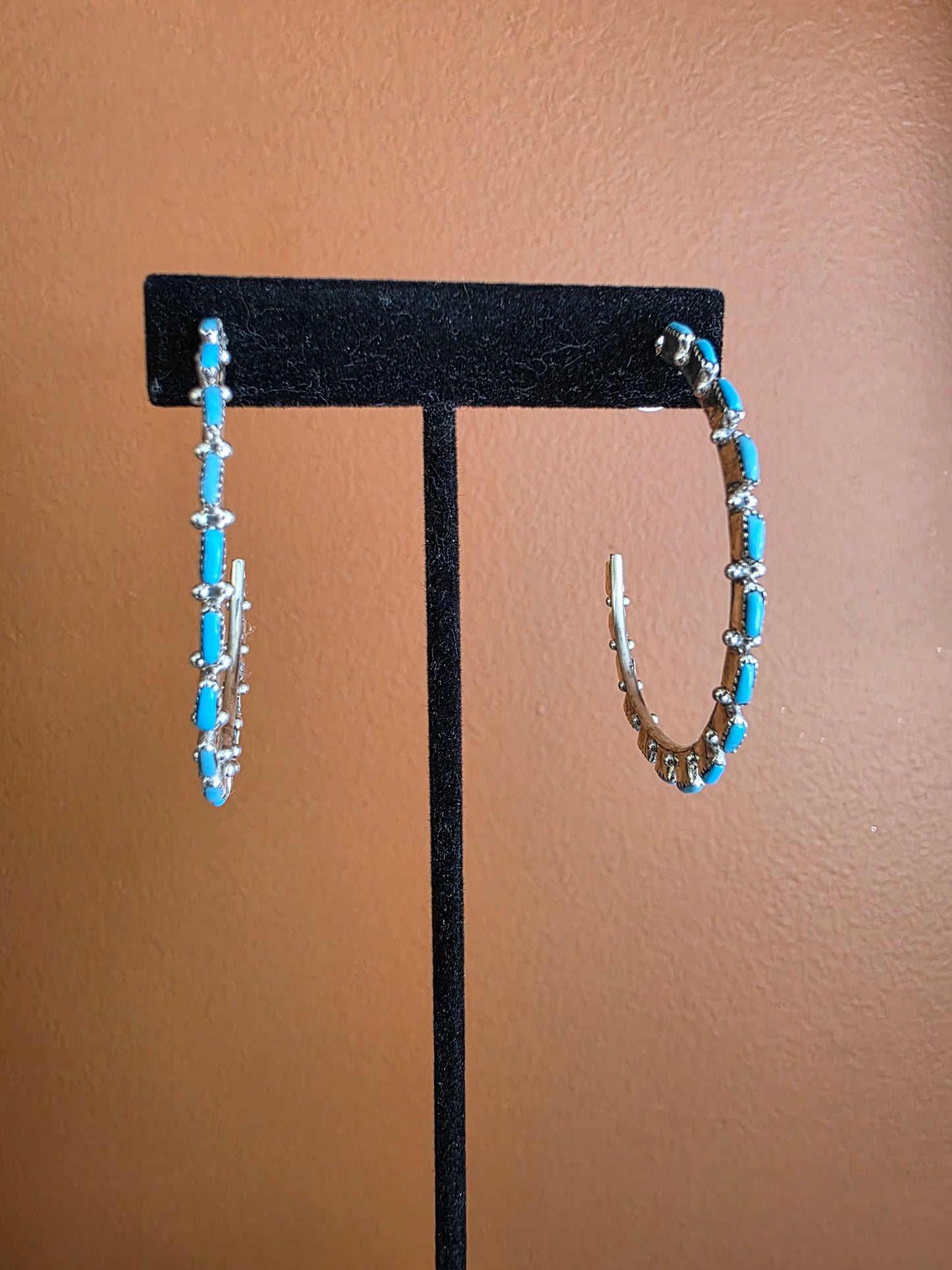 Zuni Sleeping Beauty Turquoise Needlepoint Hoop Earrings