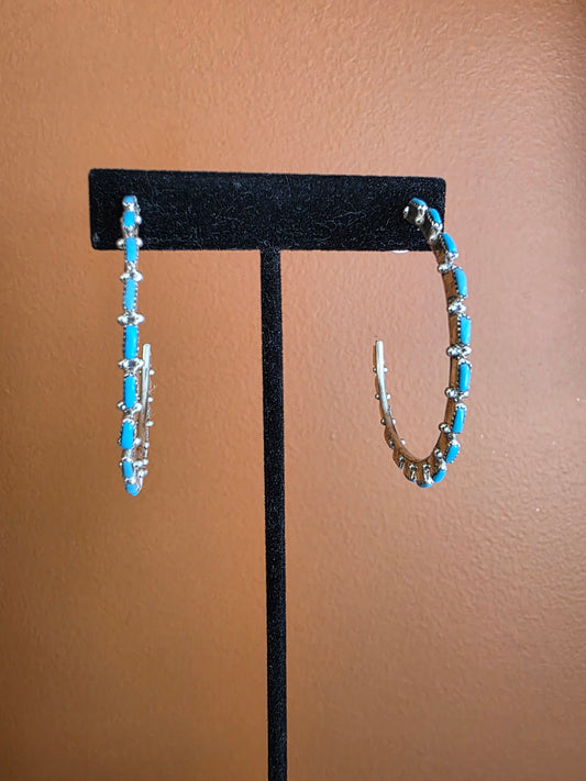 Zuni Sleeping Beauty Turquoise Needlepoint Hoop Earrings