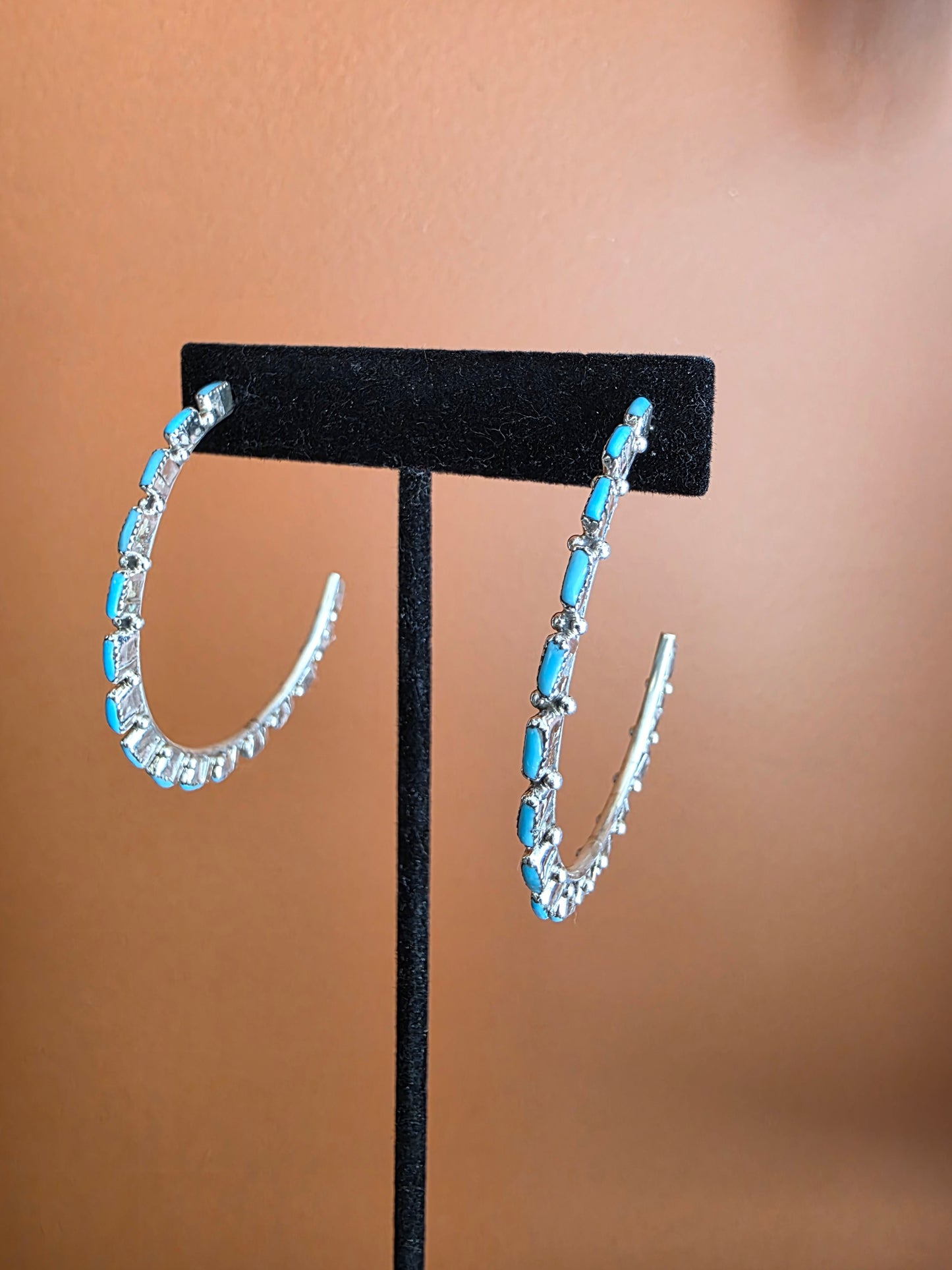 Zuni Sleeping Beauty Turquoise Needlepoint Hoop Earrings