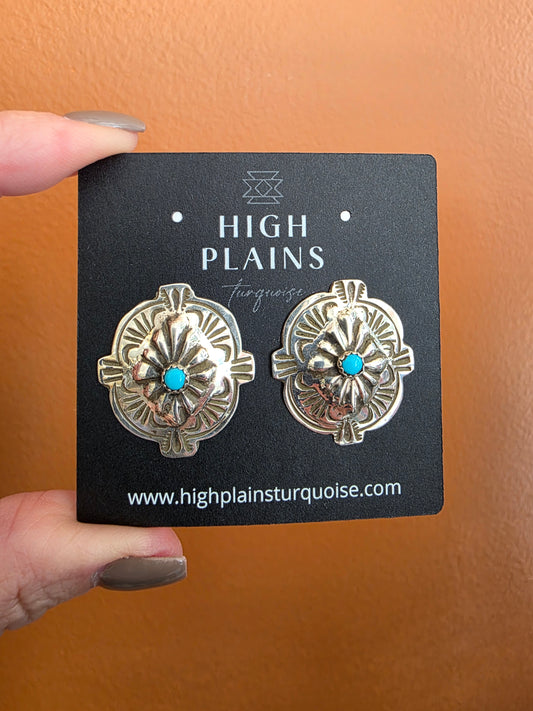 Stamped Sterling Silver Classic Concho Turquoise Earrings