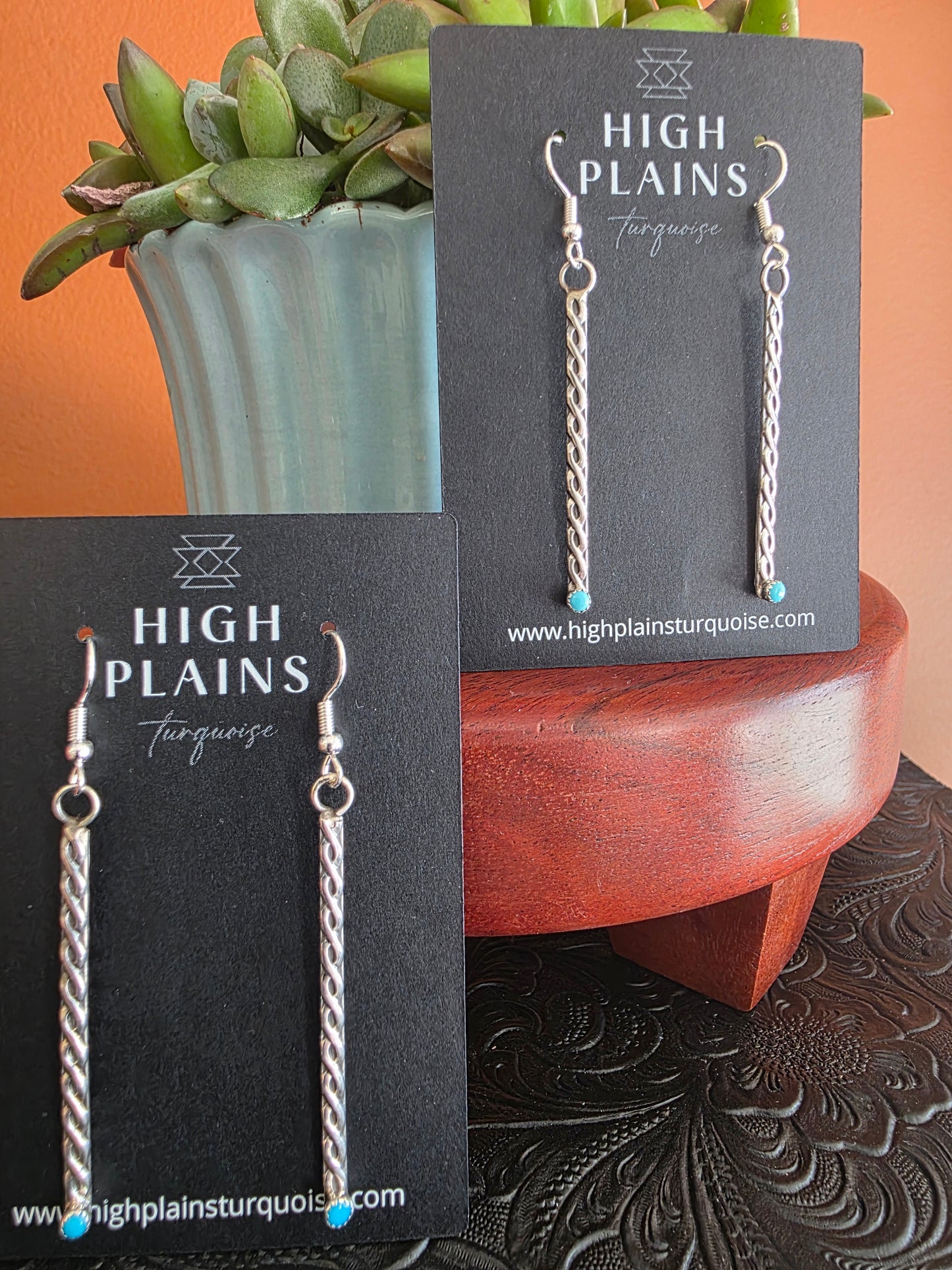 Weaved Sterling Turquoise Dot Stick Style Earrings