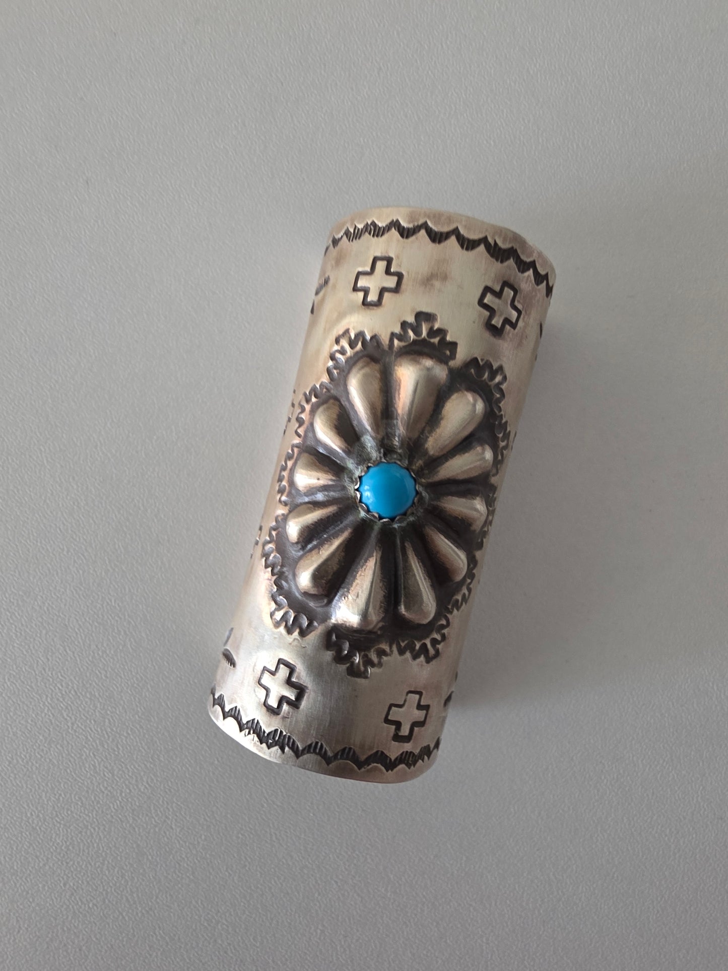 Navajo Kingman Turquoise Repousse Stamped Sterling Braid Keeper