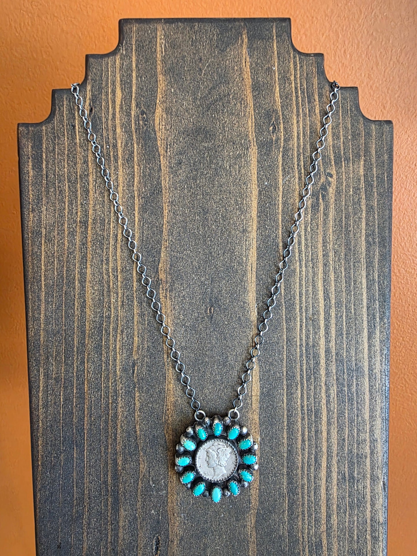 Kingman Turquoise Mercury Dime Statement Necklace