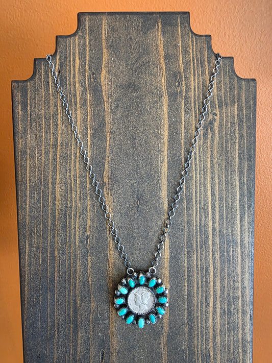 Kingman Turquoise Mercury Dime Statement Necklace