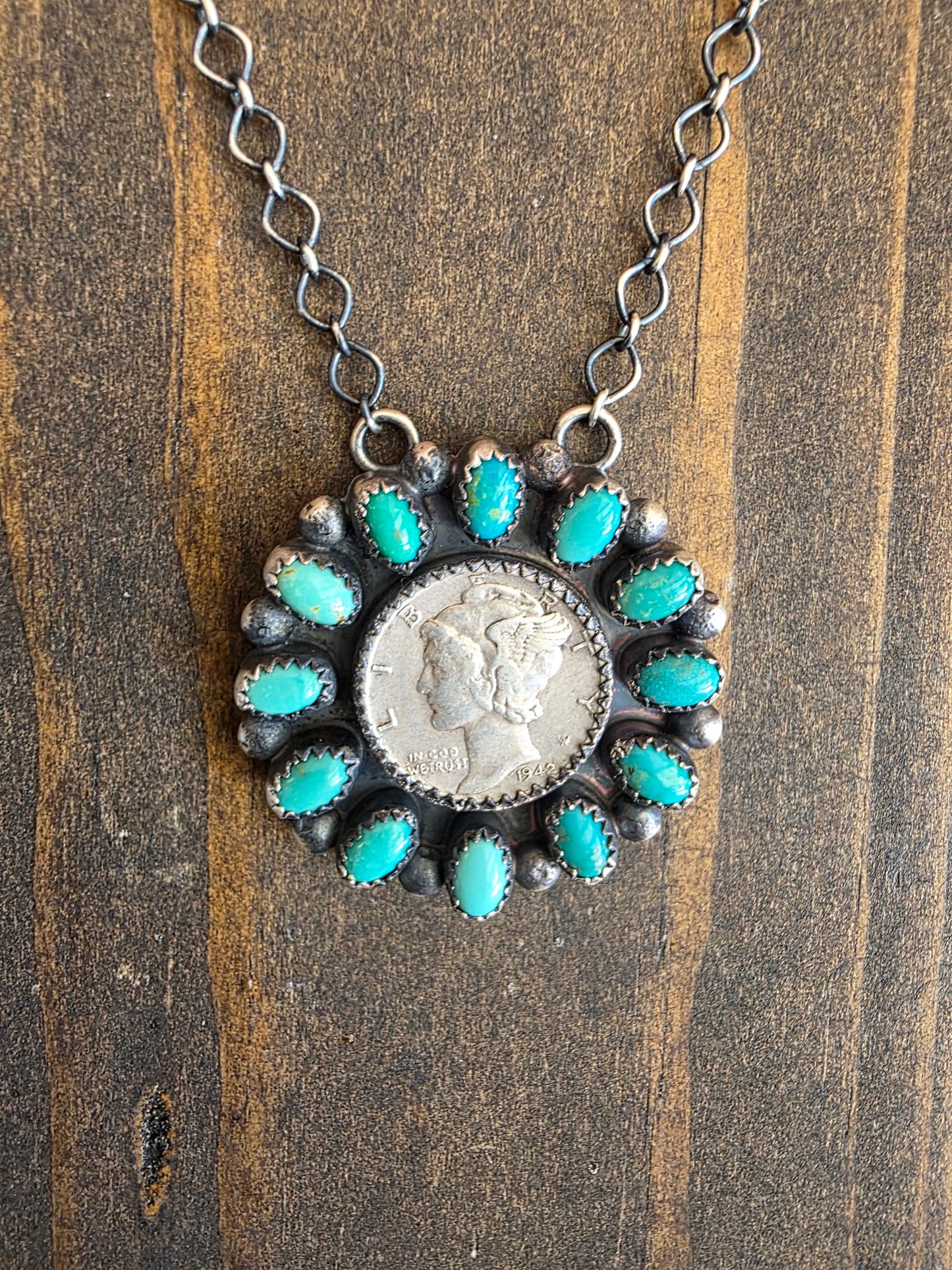 Kingman Turquoise Mercury Dime Statement Necklace