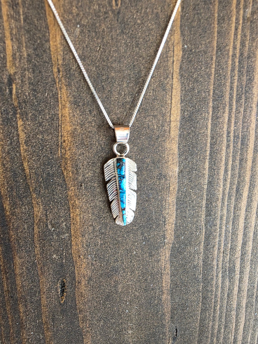 Spiderweb Kingman Cobblestone Feather Pendant Necklace