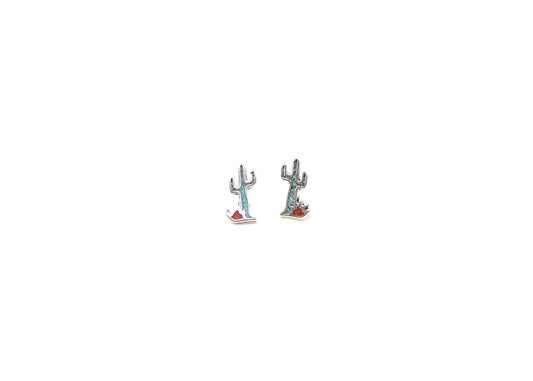 Turquoise and Coral Inlay Saguaro Cactus Earrings