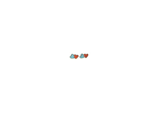 Turquoise and Coral Chip Inlay Double Heart Earrings