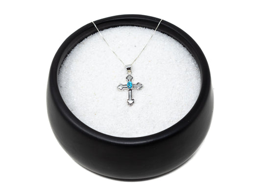 Heavy Gauge Sterling Turquoise Cross Pendant Necklace