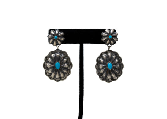 Repousse Double Conch Sterling Silver Turquoise Earrings