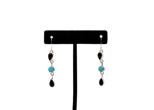 3-Stone Elegant Black Onyx and Turquoise Earrings