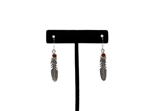 Navajo Coral Sterling Silver Feather Earrings