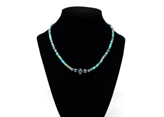 Turquoise, Spiny, White Clam Shell Heishi and Sterling Multi Bead Necklace