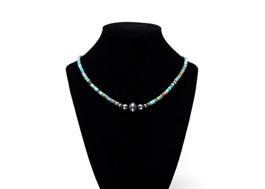 Turquoise, Spiny, White Clam Shell Heishi and Sterling Multi Bead Necklace