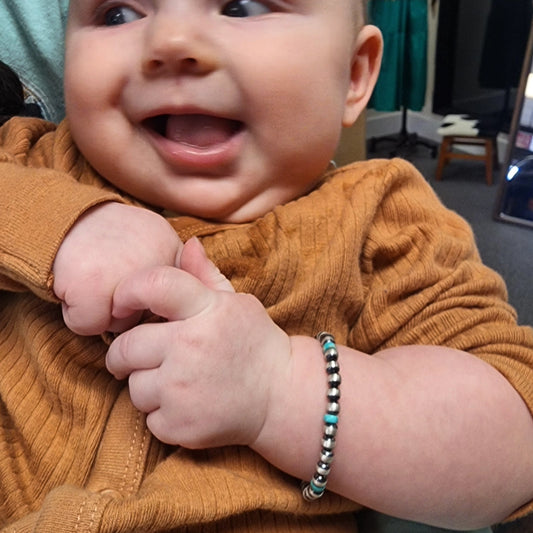 Sterling Silver Beaded Baby Bracelet w/Tyrone Turquoise Accents