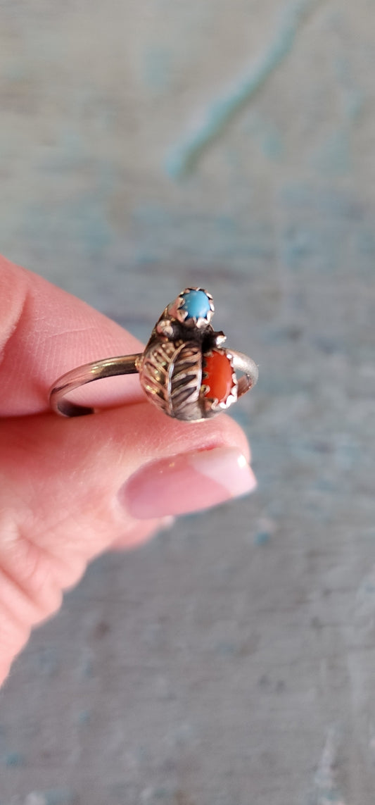 Coral & Turquoise Ring with Leaf accent