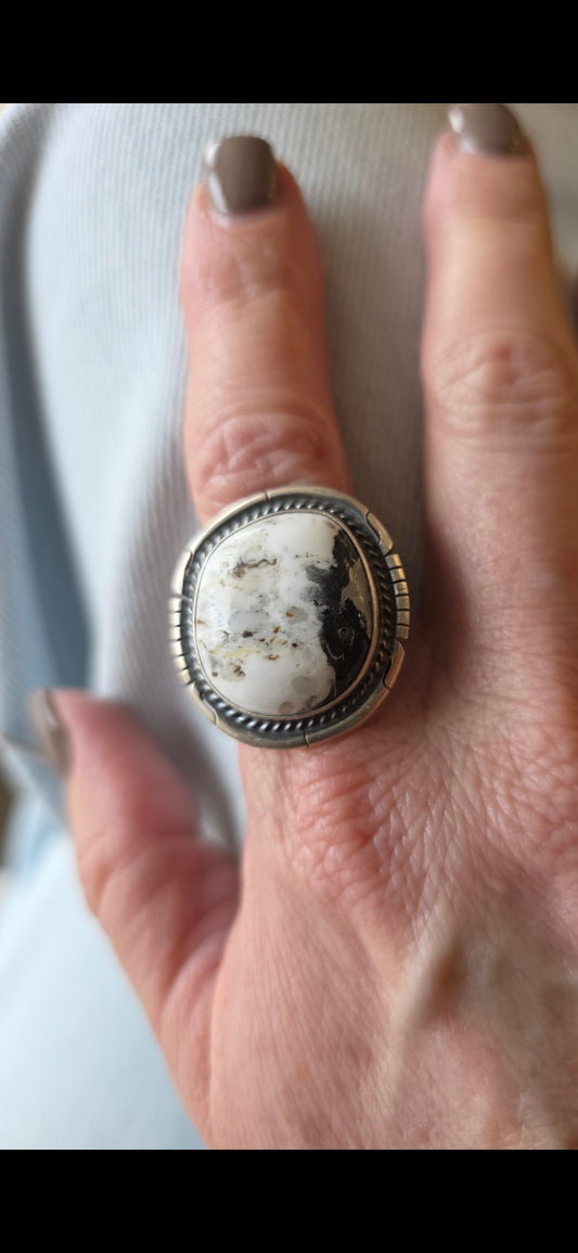 Large Round Stone White Buffalo Ring