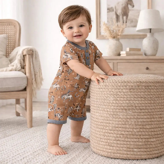 Wild Wrangler/Brown Western Bamboo Shorty Romper