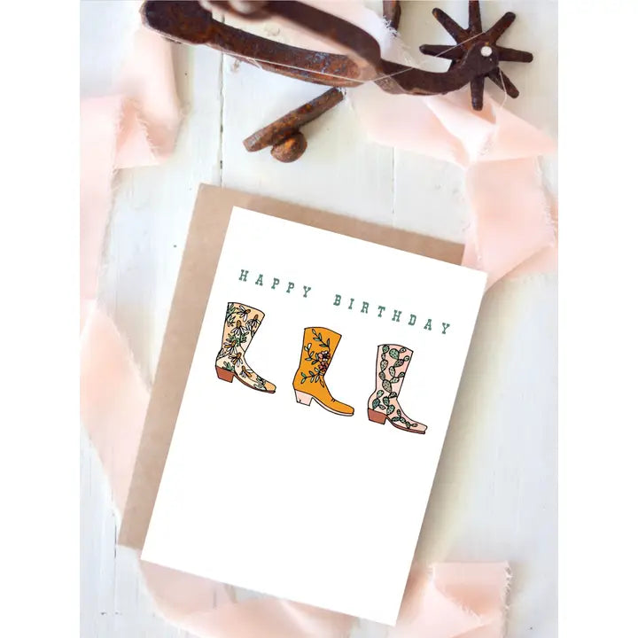 Floral Cactus Cowboy Boots "Birthday" Greeting Card