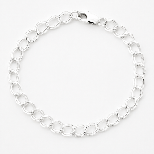 Double Link Diamond Cut Sterling Silver Charm Bracelet
