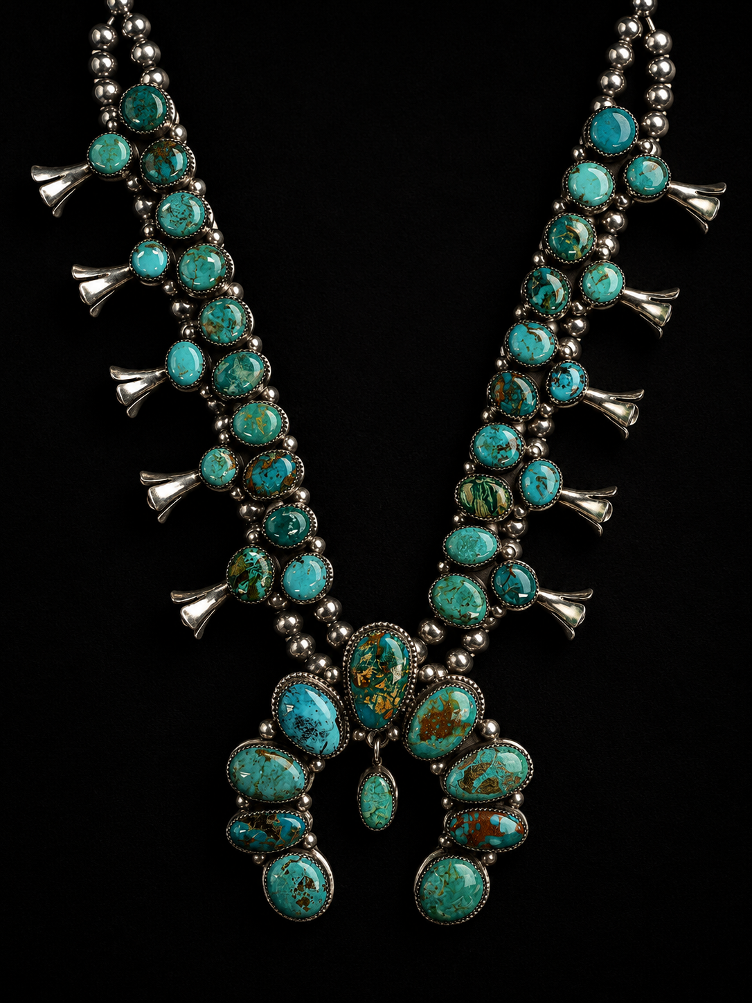 Carico Lake Turquoise Cluster Squash Blossom Necklace