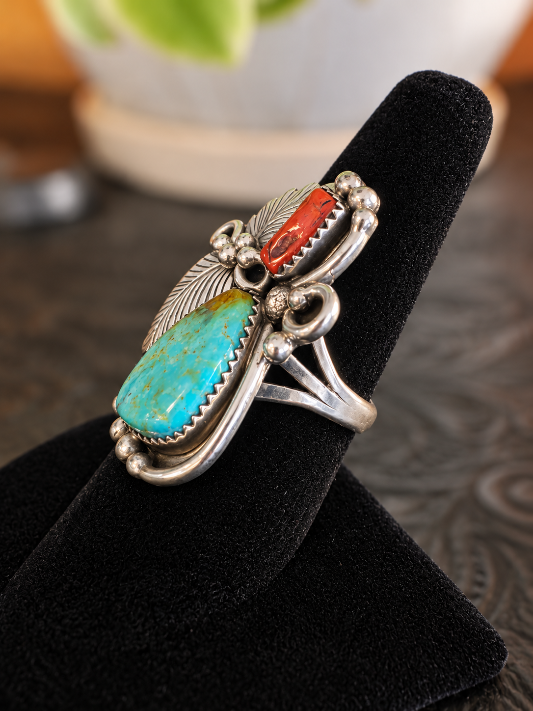 Traditional Navajo Turquoise Mountain Coral Ring