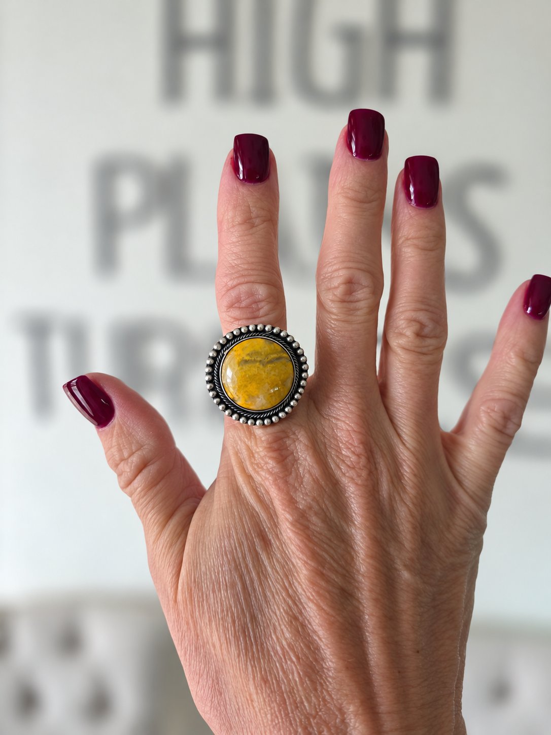 Bumblebee Jasper Ring with Sterling Beaded Band